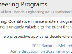 2022QuantNet金融工程排名发布:Baruch蝉联第一,MIT回归,NYU双雄并列第七!